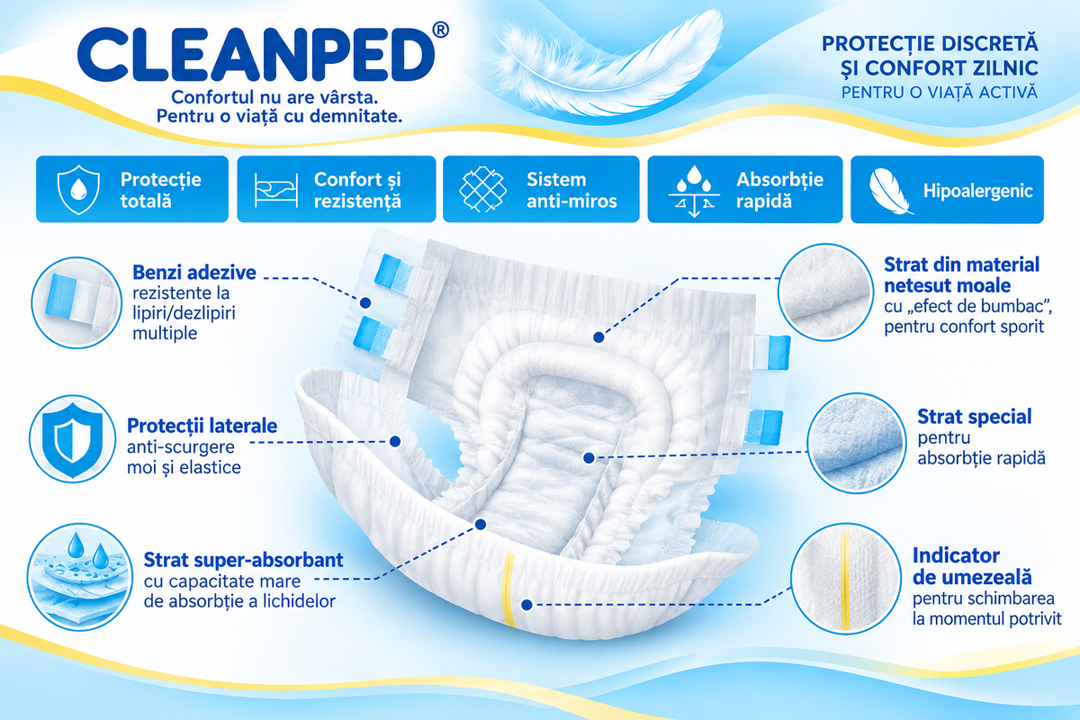 Scutece Adulți CLEANPED® M, Talie 85–125 cm, Absorbție Ridicată, 150 buc (5×30) + Aleze Cadou