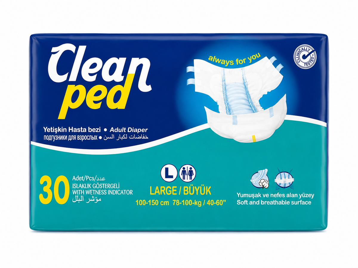 Scutece Adulți CLEANPED® L, Talie 100–150 cm, Absorbție Ridicată, 30 buc