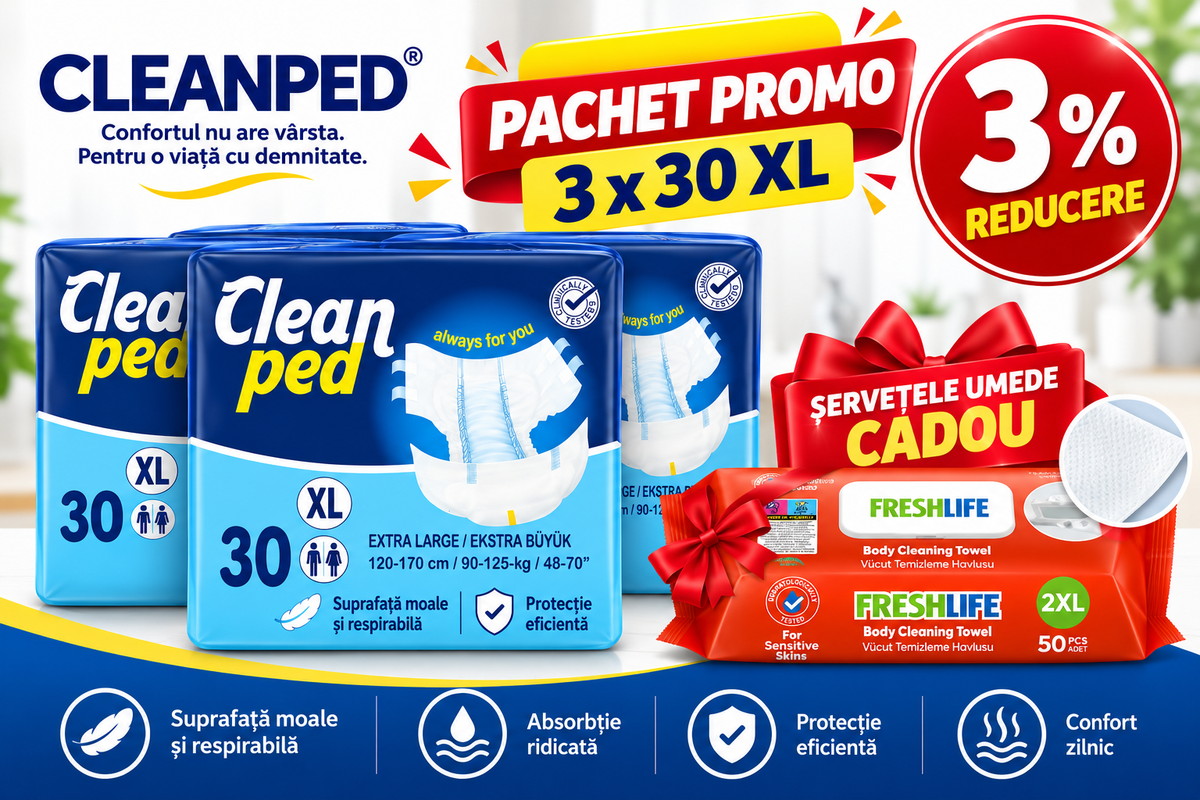 Scutece Adulți CLEANPED® XL, Talie 120–170 cm, Absorbție Ridicată, 90 buc (3×30) + Șervețele Cadou