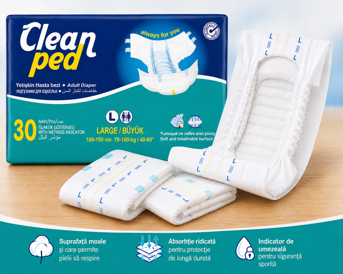 Scutece Adulți CLEANPED® L, Talie 100–150 cm, Absorbție Ridicată, 30 buc