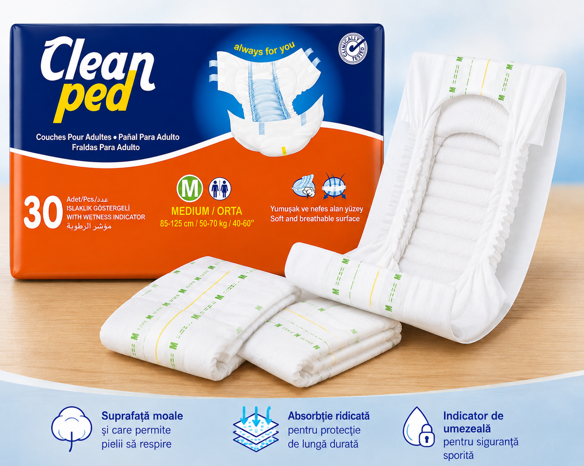 Scutece Adulți CLEANPED® M, Talie 85–125 cm, Absorbție Ridicată, 30 buc