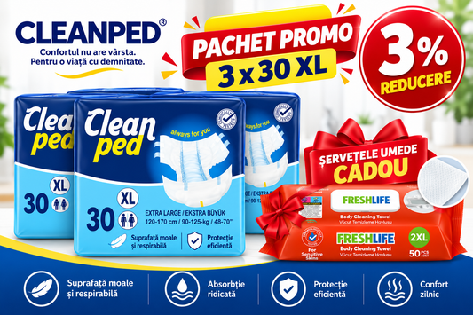 Scutece Adulți CLEANPED® XL, Talie 120–170 cm, Absorbție Ridicată, 90 buc (3×30) + Șervețele Cadou