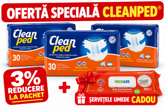 Scutece Adulți CLEANPED® M, Talie 85–125 cm, Absorbție Ridicată, 90 buc (3×30) + Șervețele Cadou