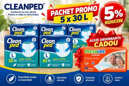 Scutece Adulți CLEANPED® L, Talie 100–150 cm, Absorbție Ridicată, 150 buc (5×30) + Aleze Cadou