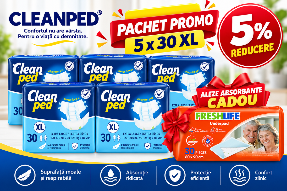Scutece Adulți CLEANPED® XL, Talie 120–170 cm, Absorbție Ridicată, 150 buc (5×30) + Aleze Cadou