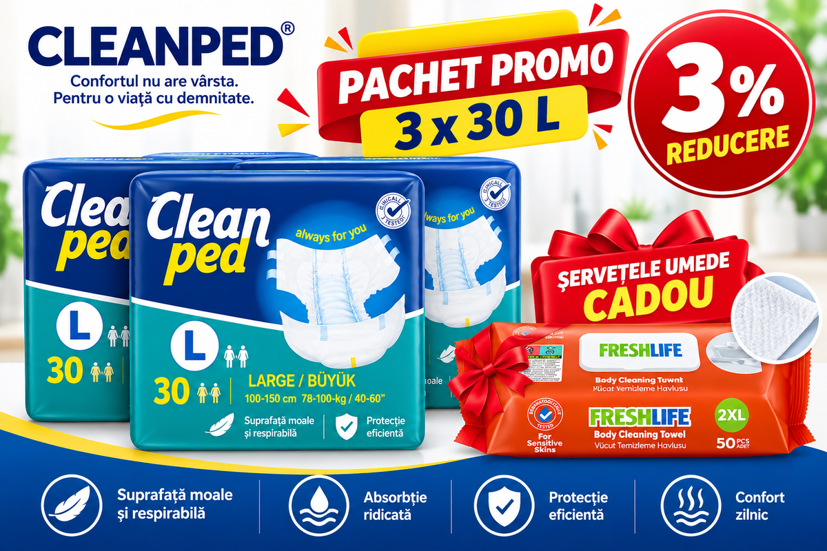 Scutece Adulți CLEANPED® L, Talie 100–150 cm, Absorbție Ridicată, 90 buc (3×30) + Șervețele Cadou