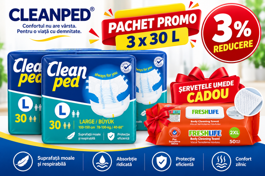 Scutece Adulți CLEANPED® L, Talie 100–150 cm, Absorbție Ridicată, 90 buc (3×30) + Șervețele Cadou